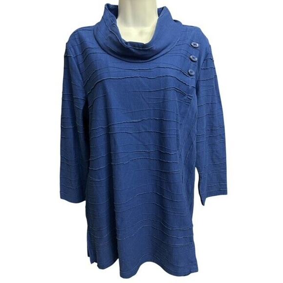 Ali Miles Tops - Ali Miles Large Top Royal Blue Pullover Cowl Neck Buttons Overlap Cotton Nylon